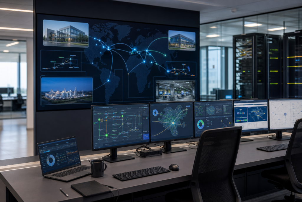 Infrastructure réseau multi-sites d’entreprise avec pilotage centralisé entre siège, agences et site industriel