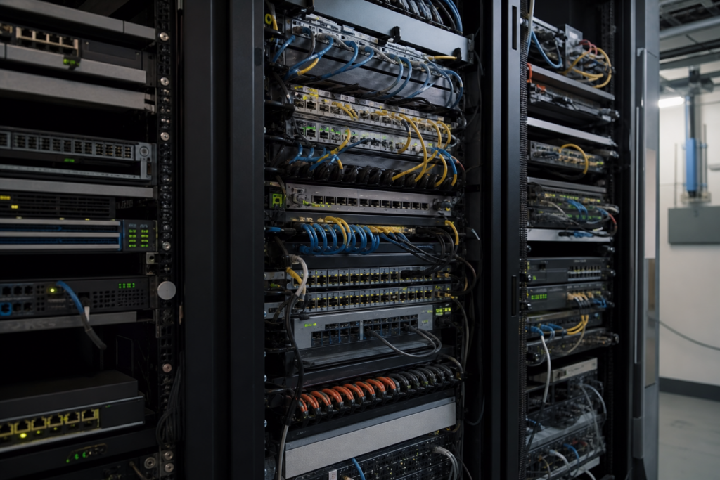 Infrastructure réseau d’entreprise en baie informatique avec switchs, pare-feu, fibre et connectivité multi-sites illustrant une architecture devenue complexe à maintenir