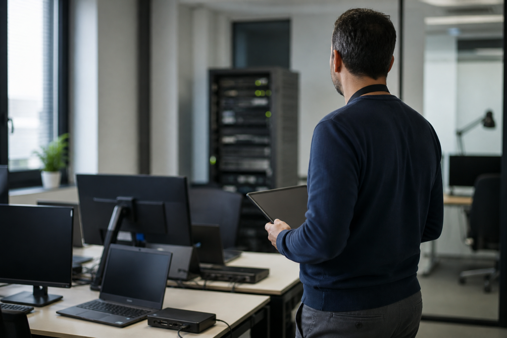 Parc informatique d’entreprise en cours de renouvellement avec postes portables et fixes alignés dans un environnement de bureau professionnel sobre