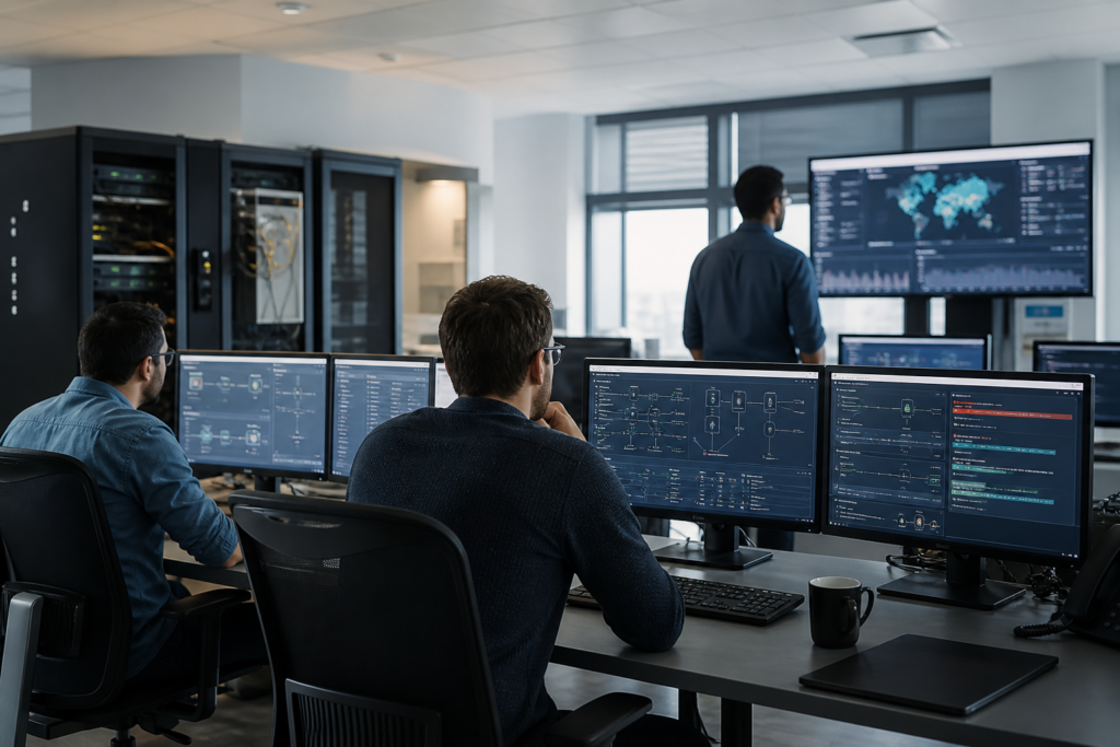 Équipe IT en environnement professionnel supervisant une escalade technique sur une infrastructure réseau et serveurs dans une PME multi-sites