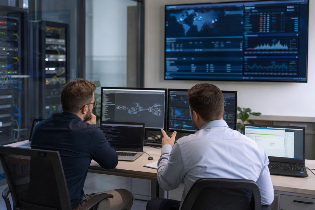 Réunion de pilotage entre une entreprise et un prestataire informatique devant un tableau de bord technique dans un environnement professionnel multisite