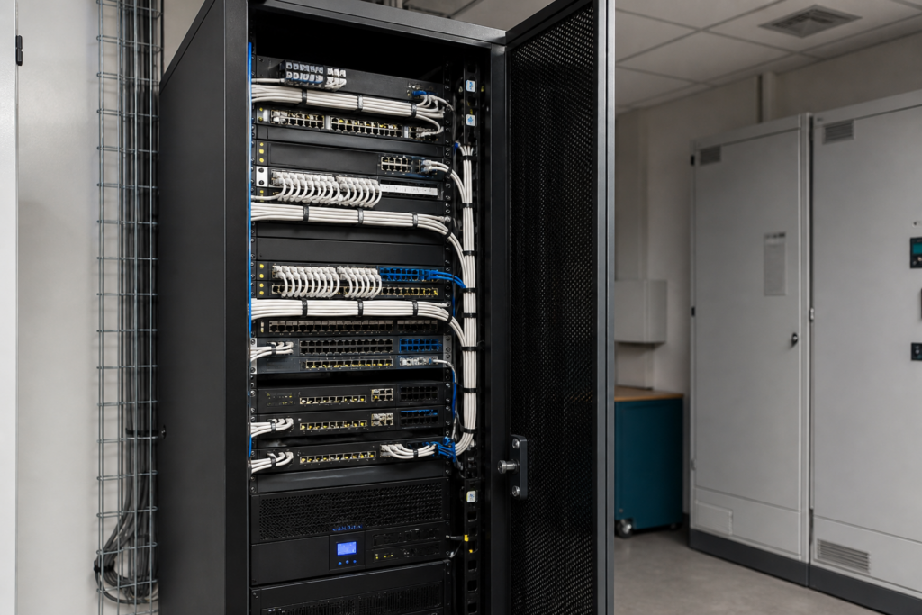 Baie informatique d’entreprise avec switchs, panneaux de brassage, onduleur et câblage réseau structuré dans un local technique professionnel