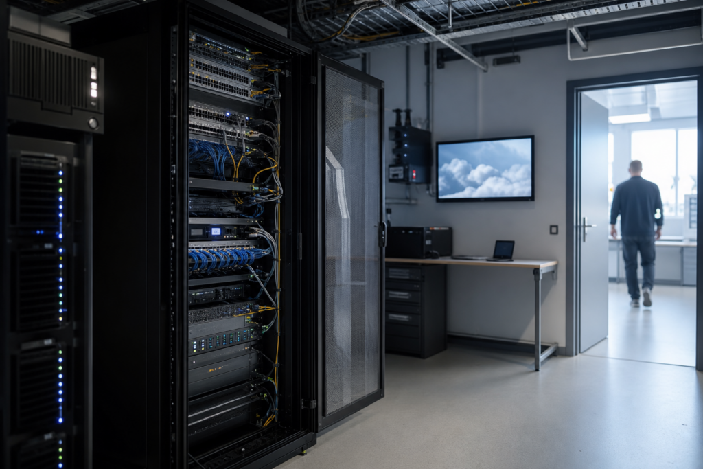 Vue réaliste d’une infrastructure informatique de PME combinant serveur local, équipements réseau et connexion cloud pour illustrer une architecture hybride