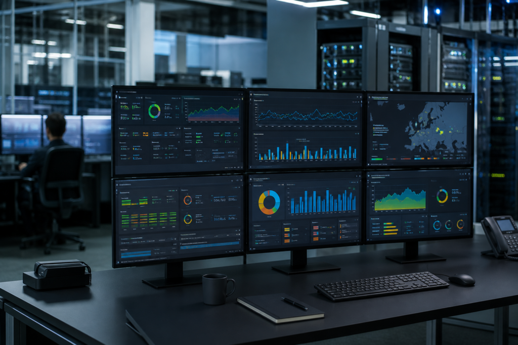 Vue professionnelle d’un centre de supervision IT affichant des indicateurs de disponibilité, stabilité réseau et incidents récurrents dans un environnement PME multisite
