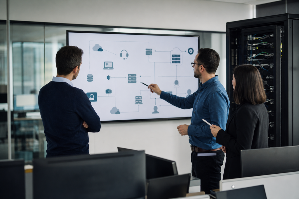 Vue professionnelle d’une réunion IT en entreprise autour d’un tableau de pilotage des services d’infogérance, avec infrastructure réseau et postes de travail en arrière-plan