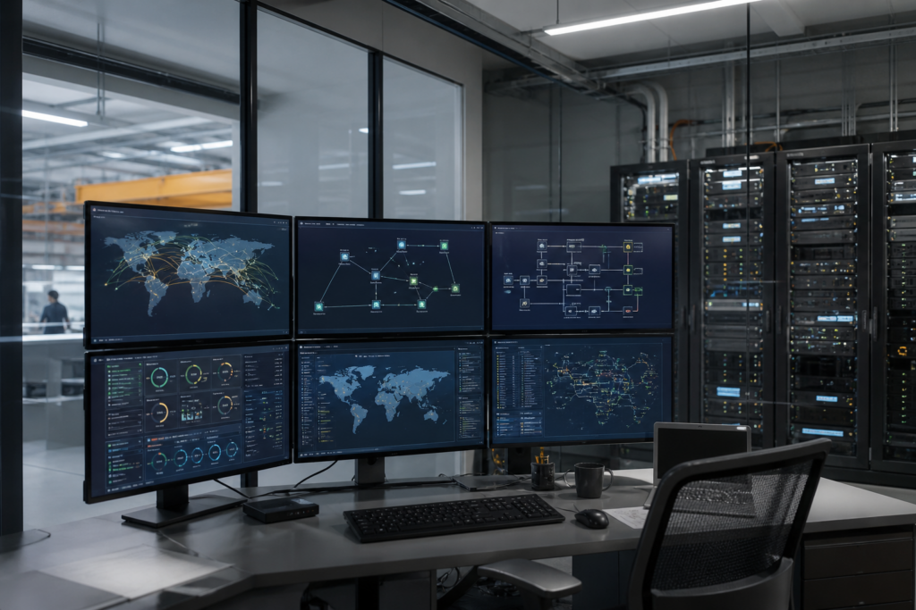 Vue professionnelle d’une administration réseau multi-sites avec supervision centralisée, équipements connectés et infrastructure IT d’entreprise