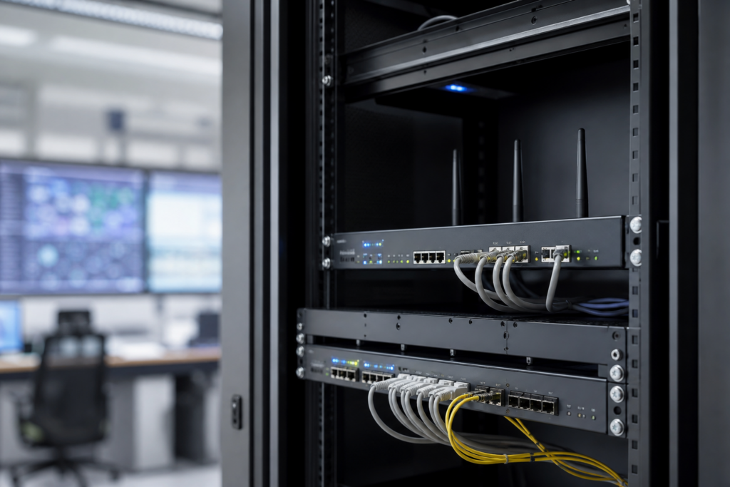 Infrastructure réseau d’entreprise illustrant un audit de connectivité avec fibre principale, secours 4G 5G et bascule automatique dans un environnement professionnel