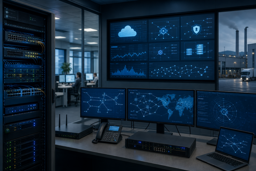Infrastructure IT multi-sites d’entreprise illustrant les dépendances critiques entre connectivité, authentification, serveurs et applications métier