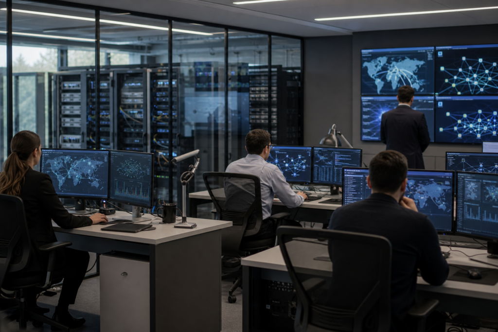 Vue professionnelle d’un environnement IT d’entreprise montrant la coordination entre infrastructure réseau, supervision multi-sites et gouvernance des prestataires