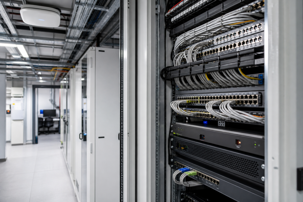 Infrastructure réseau standardisée pour entreprise multi-sites avec baie informatique, switches, WiFi invité et accès distants sécurisés