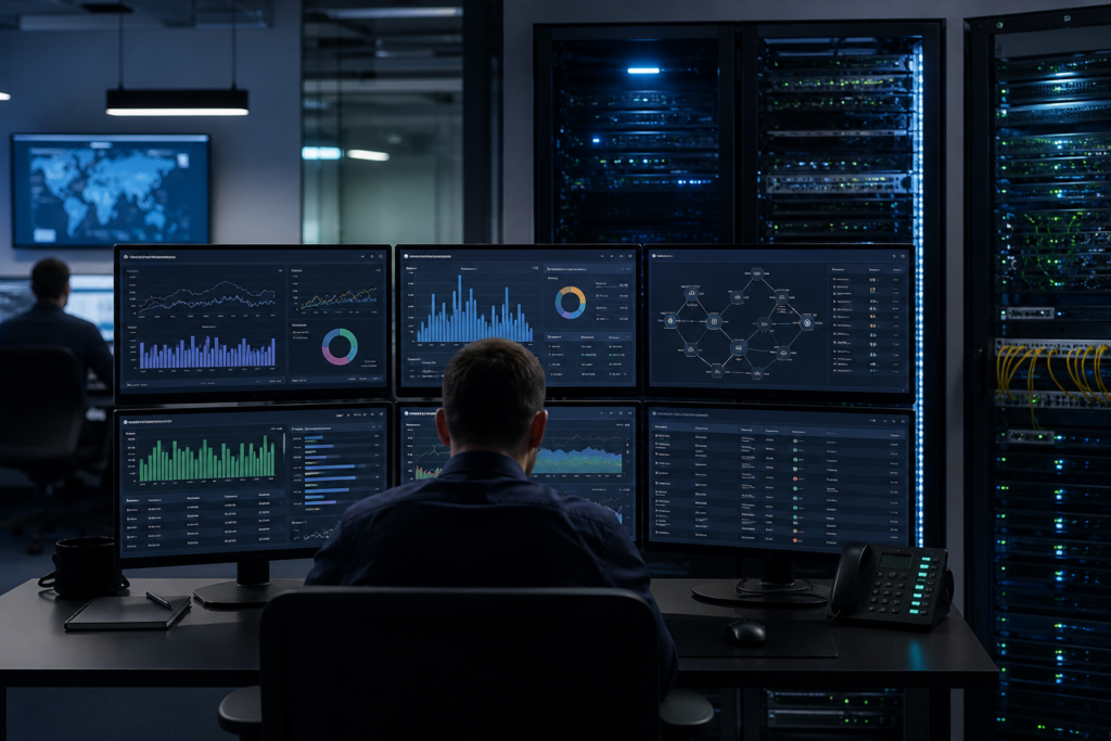 bureau IT d’entreprise avec tableaux de bord de support sur écrans et infrastructure réseau en arrière-plan illustrant une hausse durable des tickets et l’analyse d’un problème structurel