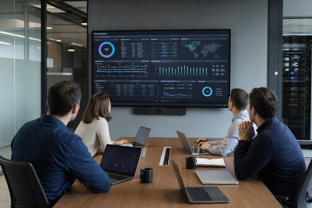 Réunion de pilotage IT en entreprise avec suivi des infrastructures, du réseau, des serveurs et de la connectivité multi-sites
