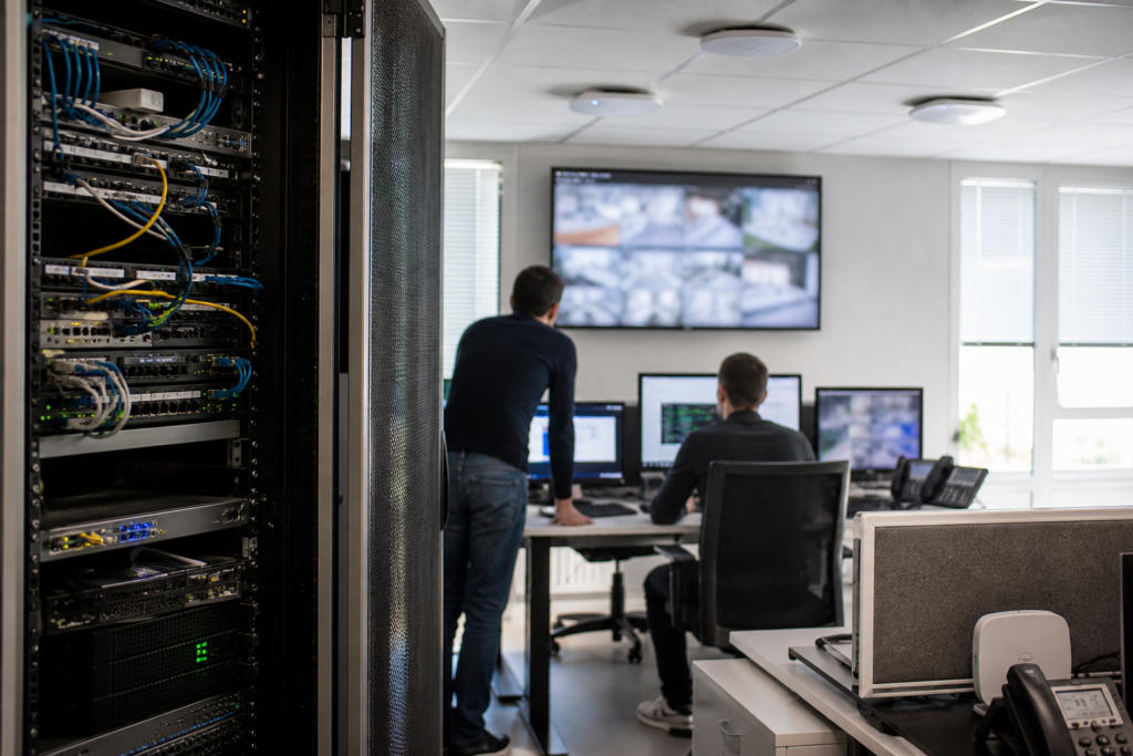 Vue professionnelle d’une infrastructure réseau en entreprise montrant la coordination entre Internet, téléphonie IP, WiFi, LAN, pare-feu et supervision technique dans un environnement PME multisite