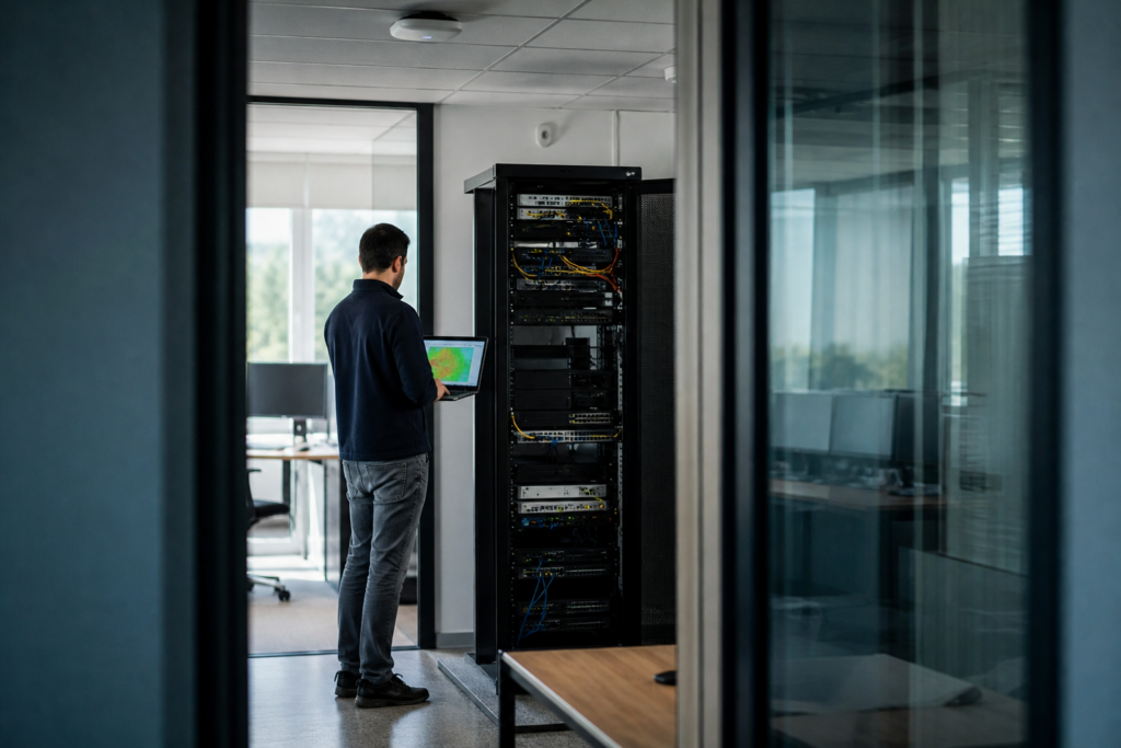 Audit WiFi et réseau en entreprise avec technicien analysant la couverture radio dans un environnement professionnel mêlant bureaux et infrastructure réseau
