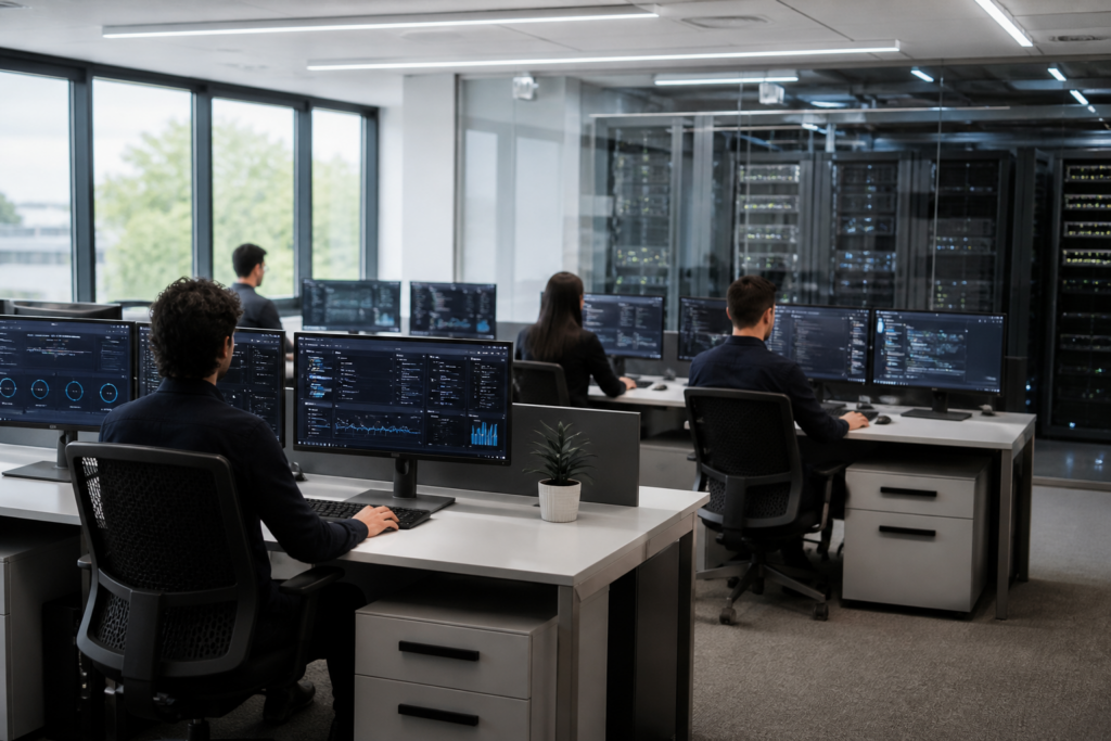 Environnement IT d’entreprise montrant l’automatisation maîtrisée de tâches récurrentes sur postes de travail, supervision et infrastructure dans un contexte professionnel B2B