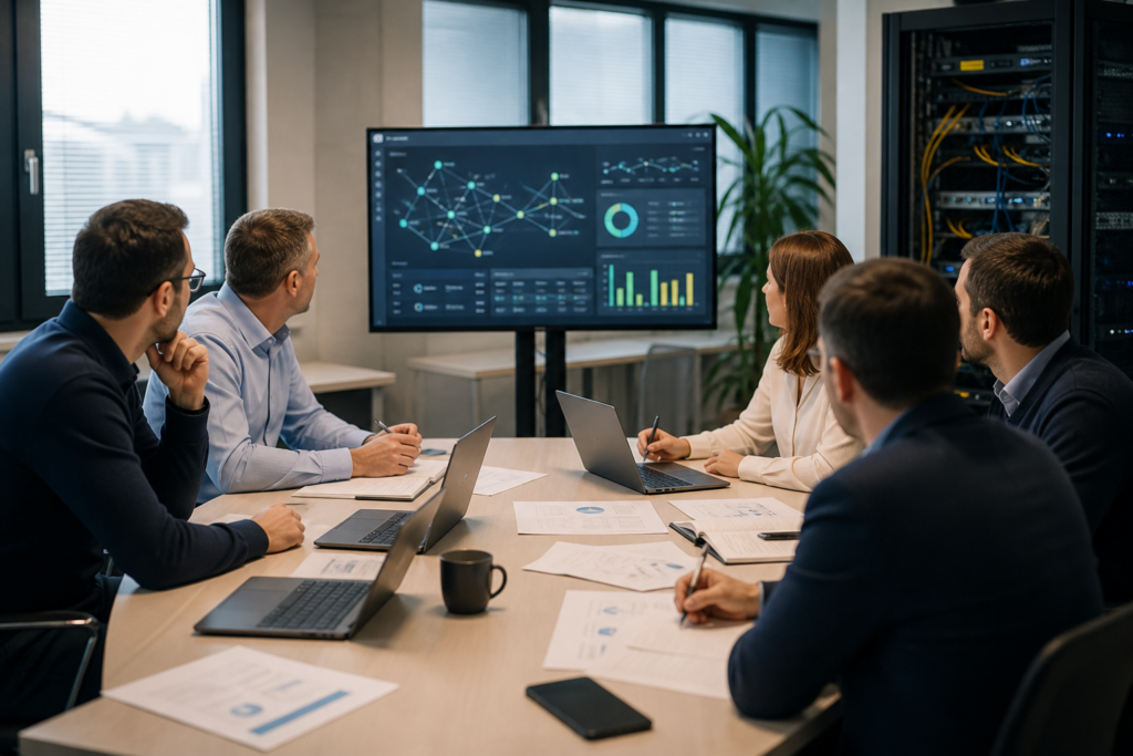 Réunion de gouvernance IT en entreprise entre responsables internes et prestataire d’infogérance pour cadrer rôles, validations et priorités métier
