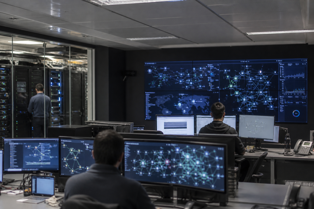 Vue professionnelle d’un environnement IT d’entreprise montrant la supervision d’une infrastructure multisite avec équipements réseau, écrans techniques et postes de travail dans un contexte d’infogérance devenue complexe