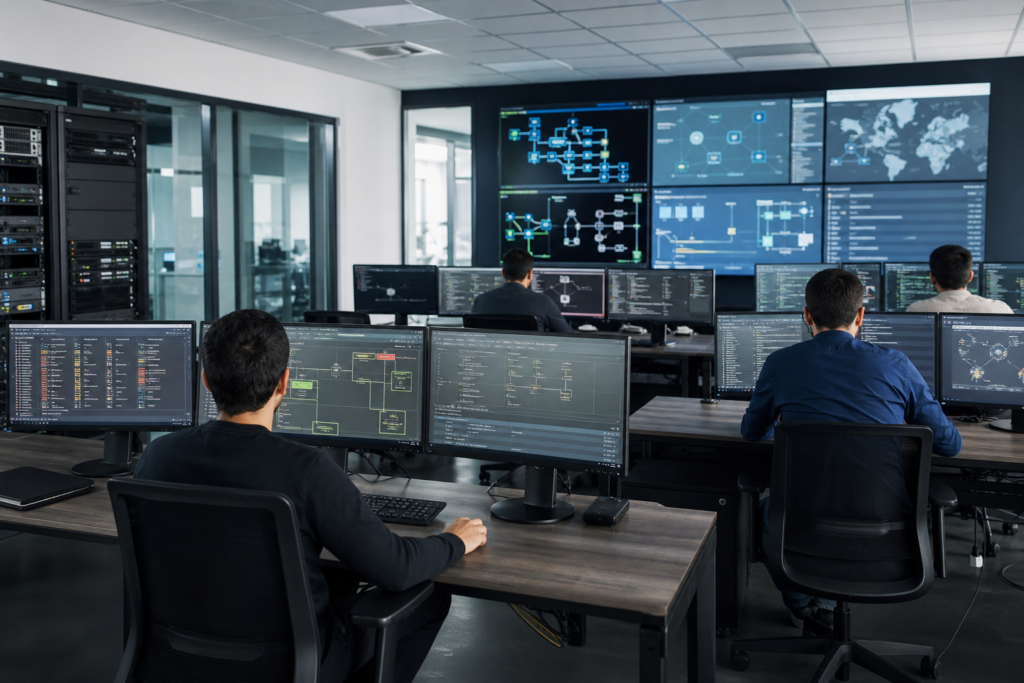 Environnement professionnel multi-sites montrant un support IT sous tension entre siège et site distant, avec supervision réseau, postes de travail et infrastructure d’entreprise