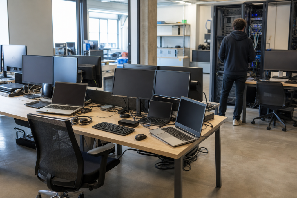 Parc informatique hétérogène dans une entreprise multi-sites avec postes de travail variés et support IT en environnement professionnel