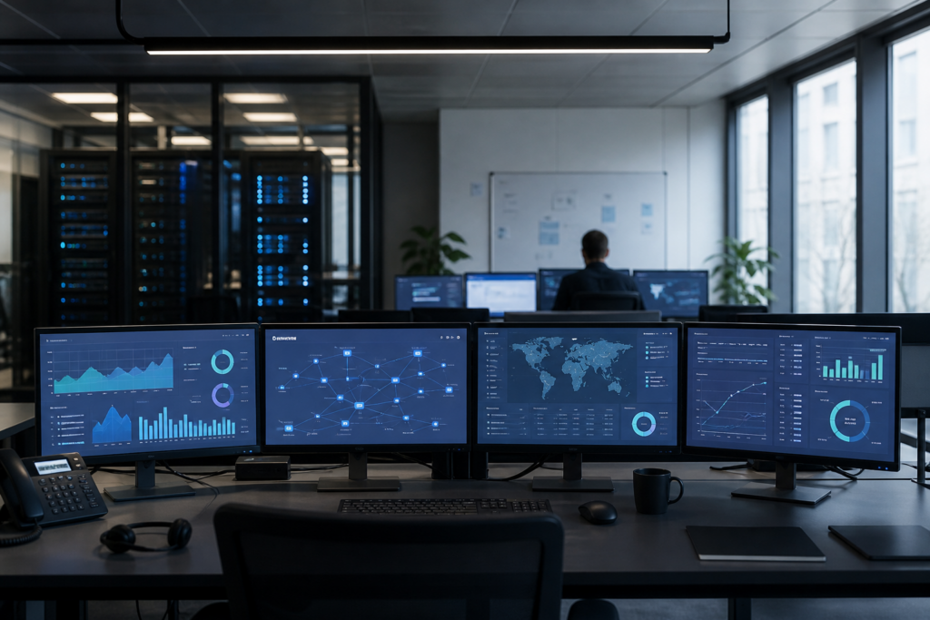Environnement informatique d’entreprise montrant la supervision d’outils cloud, accès distants et services numériques dispersés afin de reprendre le contrôle du shadow IT sans bloquer les équipes